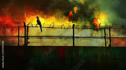 Parrot perched on fence, fire raging behind, dystopian city
