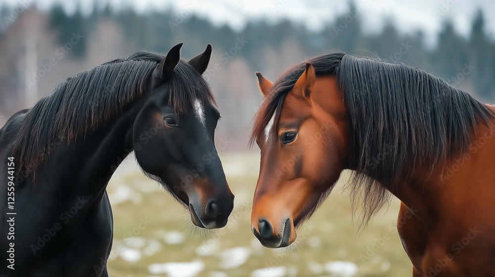 Fototapeta premium Two horses showing affection in winter landscape