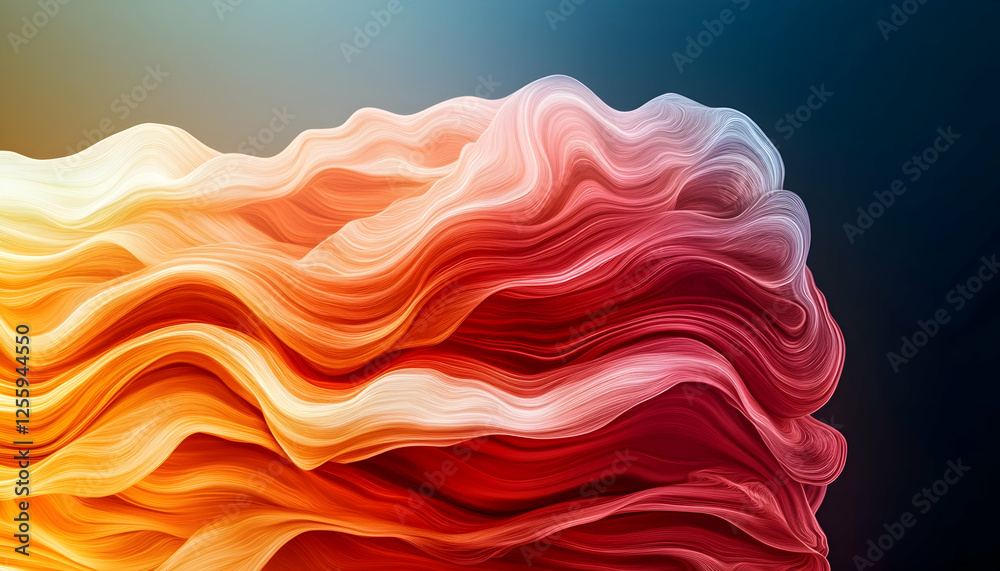 Abstract flowing waves with red and orange gradient against a blue background for use as a wallpaper or background