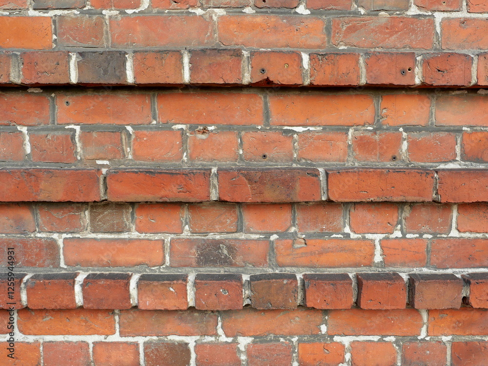 Fototapeta premium Historical masonry wall with decorative bands of alternating protruding brick layers, giving the facade a unique, artistic design.
