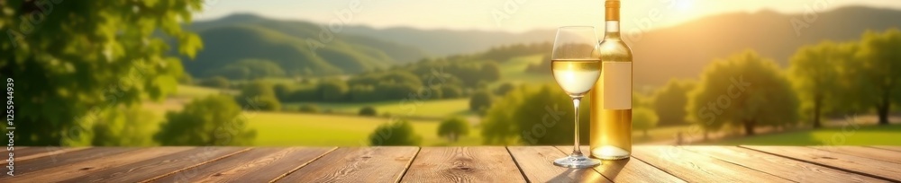 Crisp white wine, sunlit wood table, panoramic view , summer, architecture, leisure Crisp white wine, sunlit wood table, panoramic view , summer, architecture, leisure