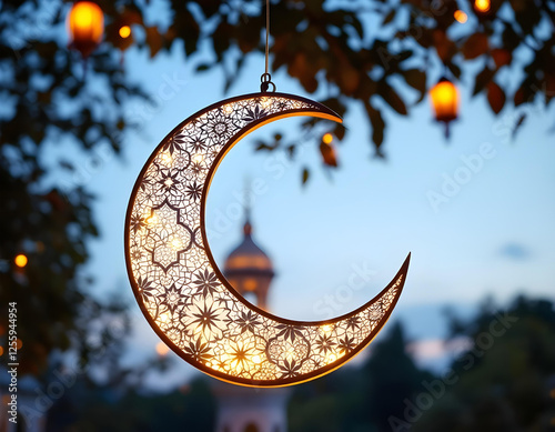 A whimsical Ramadan arabic lantern shaped like a crescent moon, glowing softly against a pure white sky at twilight. photo