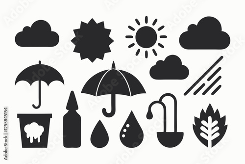 Simple weather icons set with sun, clouds, rain, snow, and storm symbols vector illustration  