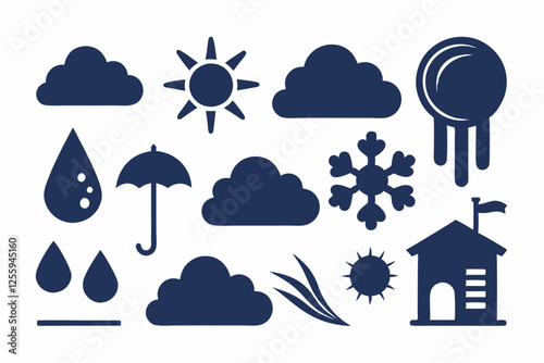 Simple weather icons set with sun, clouds, rain, snow, and storm symbols vector illustration  