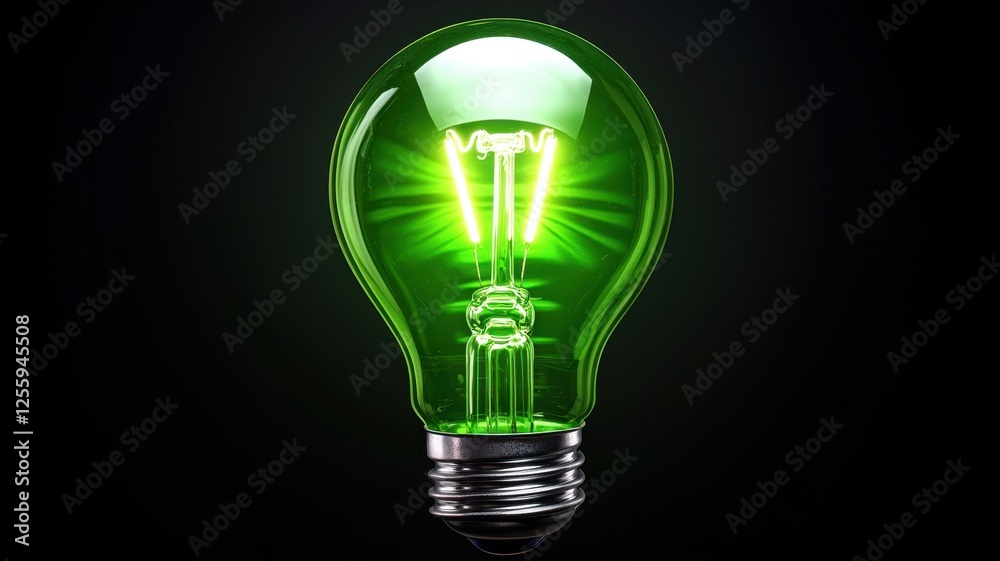 Green innovation and sustainable energy. Green light bulb glowing brightly against a dark background. Green innovation and sustainable energy. Green light bulb glowing brightly against a dark background.
