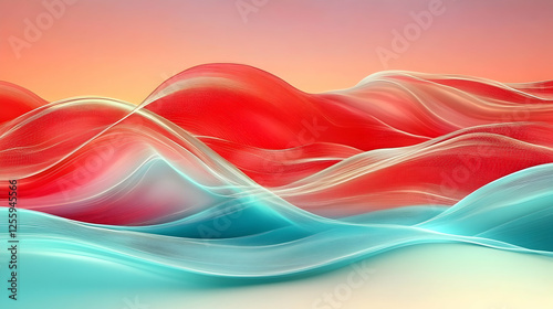 Abstract fluid waves create dynamic flow. Red and cyan on gradient background for use in presentations, web banners, and art