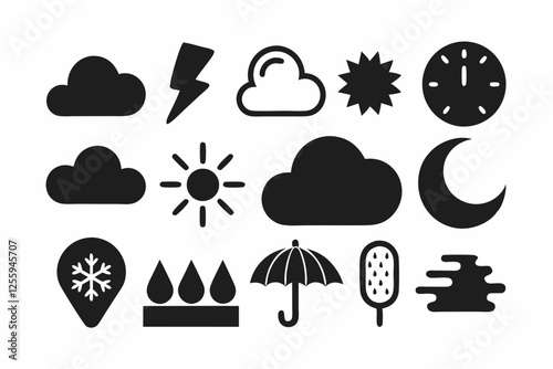 Simple weather icons set with sun, clouds, rain, snow, and storm symbols vector illustration  