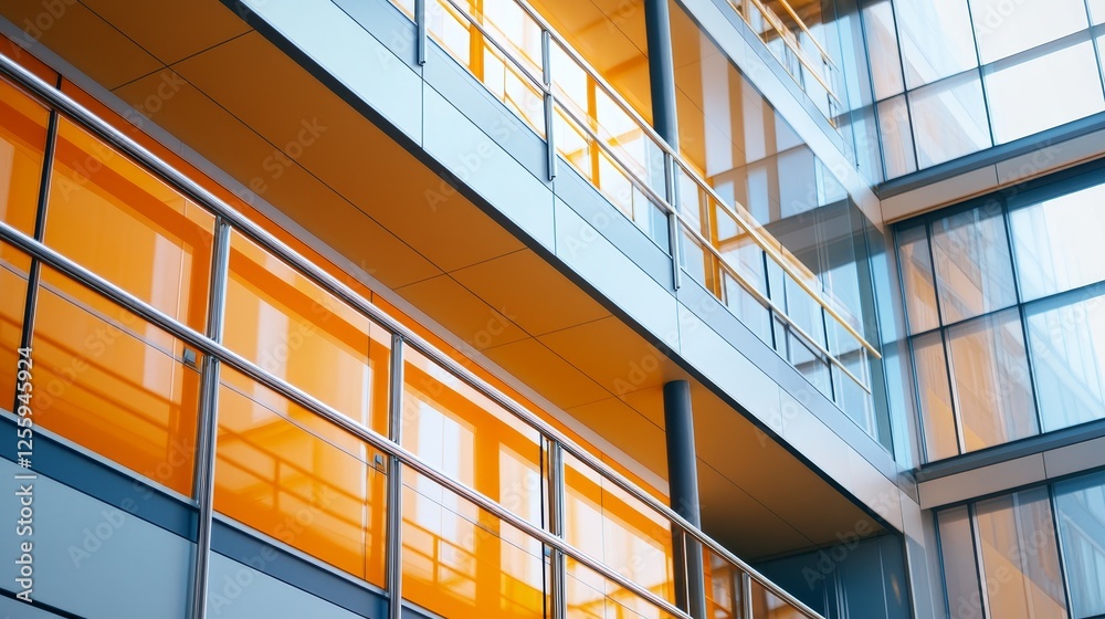 Fototapeta premium Modern architectural design featuring vibrant orange accents on glass building facades