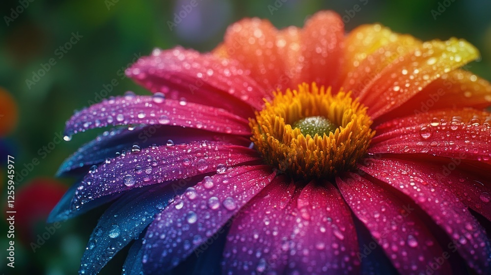 Obraz premium Close-up of a rainbow flower with water droplets in a garden. Possible use greeting cards, backgrounds, wallpaper