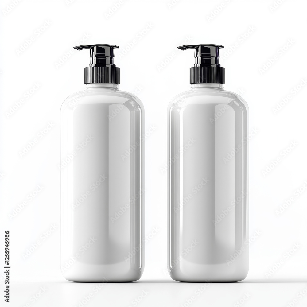 3d mocap two opaque shampoo bottles with dispensers isolated on a white background 3d mocap two opaque shampoo bottles with dispensers isolated on a white background