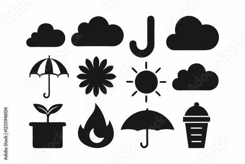 Simple weather icons set with sun, clouds, rain, snow, and storm symbols vector illustration  