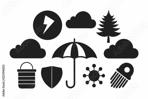 Simple weather icons set with sun, clouds, rain, snow, and storm symbols vector illustration  