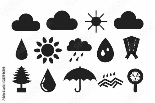 Simple weather icons set with sun, clouds, rain, snow, and storm symbols vector illustration  
