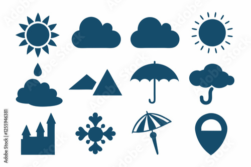 Simple weather icons set with sun, clouds, rain, snow, and storm symbols vector illustration  