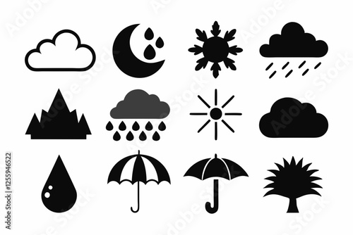 Simple weather icons set with sun, clouds, rain, snow, and storm symbols vector illustration  