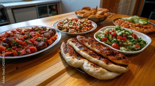 Turkish family dinner with dishes like kebabs, mezes, and pide photo