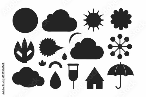 Simple weather icons set with sun, clouds, rain, snow, and storm symbols vector illustration  