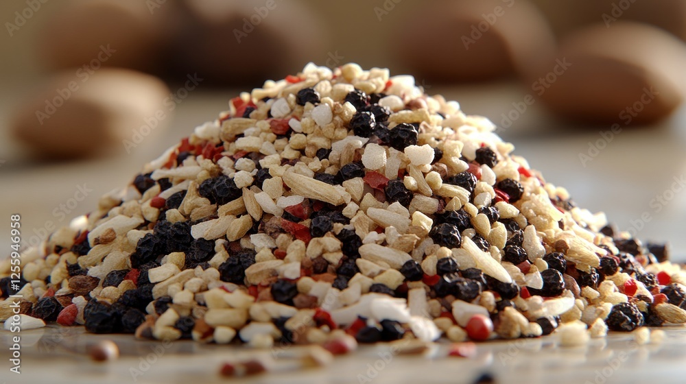 Close-up spice blend pile on marble, blurred nuts background Close-up spice blend pile on marble, blurred nuts background