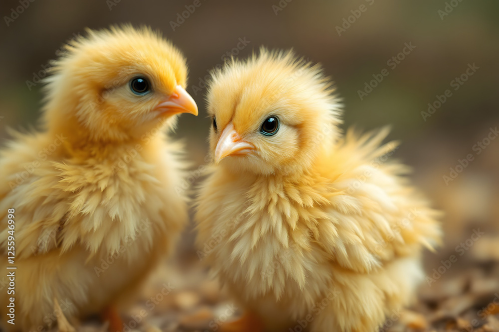 Adorable fluffy baby chicks in a warm and cozy atmosphere, close-up shot against a rural farm setting Adorable fluffy baby chicks in a warm and cozy atmosphere, close-up shot against a rural farm setting