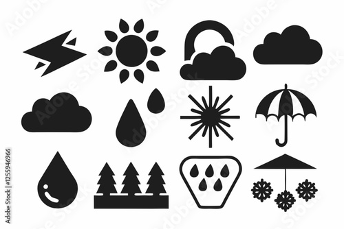 Simple weather icons set with sun, clouds, rain, snow, and storm symbols vector illustration  