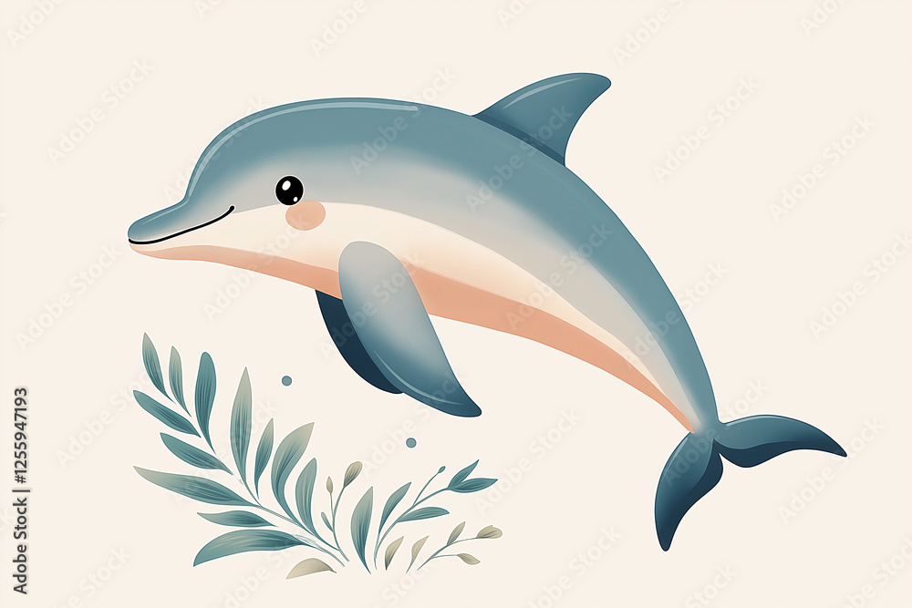 Fototapeta premium Cute dolphin swimming gracefully over seaweed: a cartoon illustration
