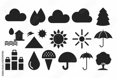 Simple weather icons set with sun, clouds, rain, snow, and storm symbols vector illustration  
