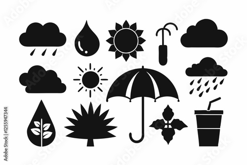 Simple weather icons set with sun, clouds, rain, snow, and storm symbols vector illustration  
