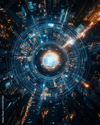Futuristic Cityscape with Digital Circuits and Lights
