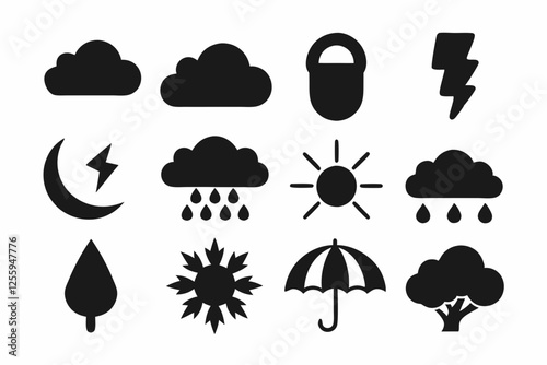 Simple weather icons set with sun, clouds, rain, snow, and storm symbols vector illustration  