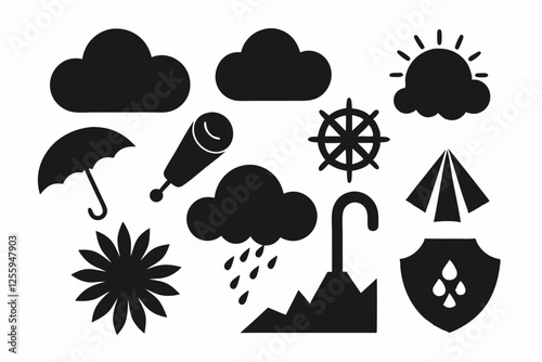 Simple weather icons set with sun, clouds, rain, snow, and storm symbols vector illustration  