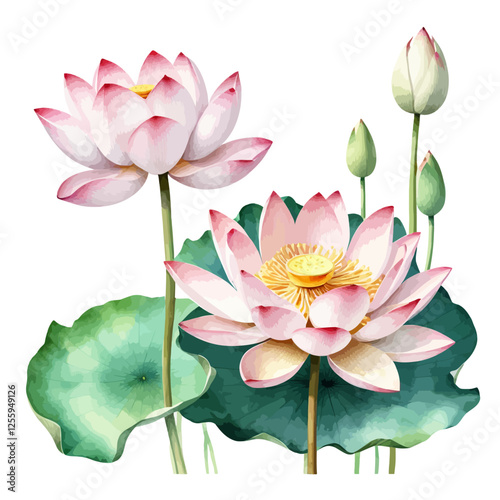 Watercolor lotus flower set, white background, vector illustration. Perfect for wedding, cards, posters, flyers.	
