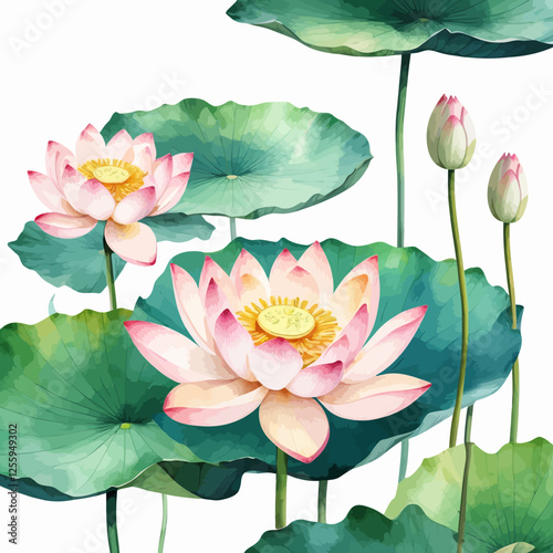 Watercolor lotus flower set, white background, vector illustration. Perfect for wedding, cards, posters, flyers.	
