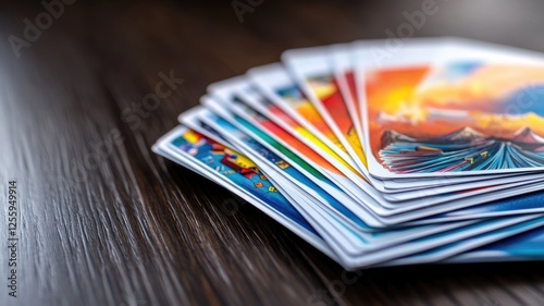 Close-up of colorful tarot cards fanned out on wooden surface photo