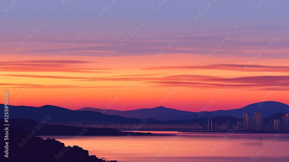Fototapeta premium Vibrant Sunset Over Coastal Cityscape Mountains
