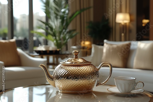 Elegant golden teapot and cup on a table Sophisticated living room backdrop enhances the luxury of a tranquil tea time