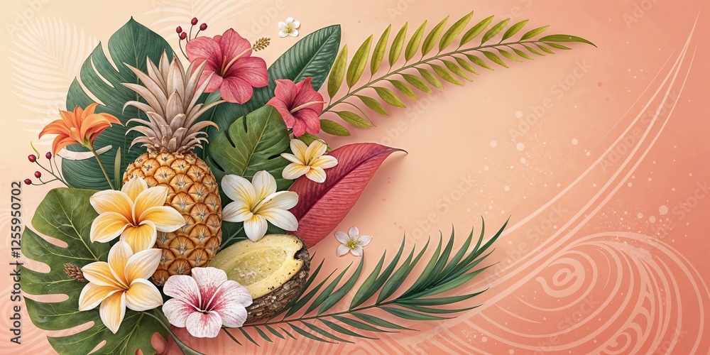 Fototapeta premium Tropical flowers and pineapple arrangement for Bahamas tourism websites, summer event promotions, exotic fruit blogs, floral design inspiration, and travel agency marketing materials