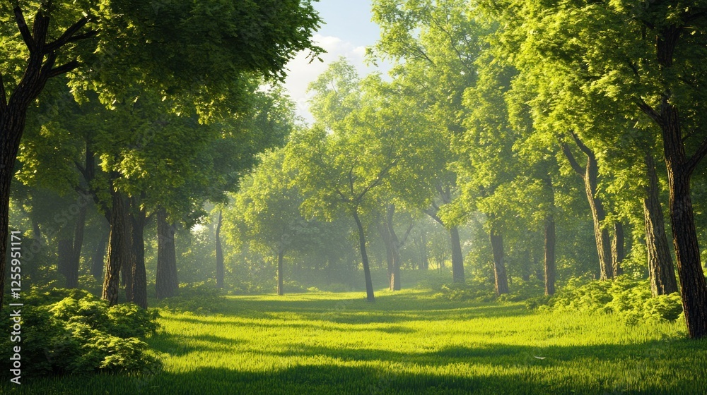 Obraz premium Serene Forest Meadow with Lush Greenery and Sunlight Streaming Through Trees