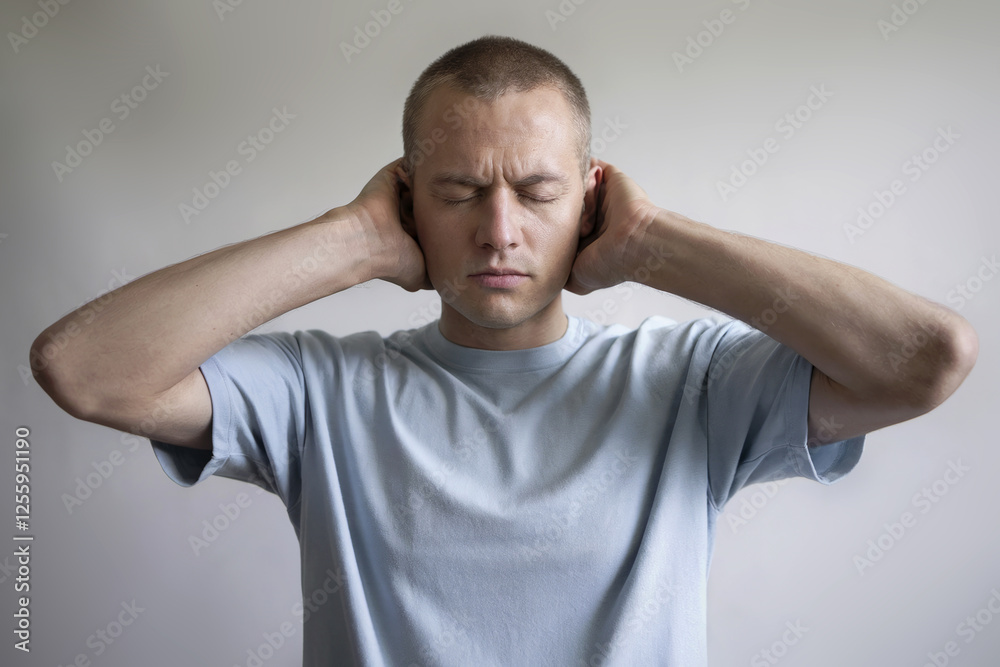 Man covered his ears with his eyes closed. Man covered his ears with his eyes closed.