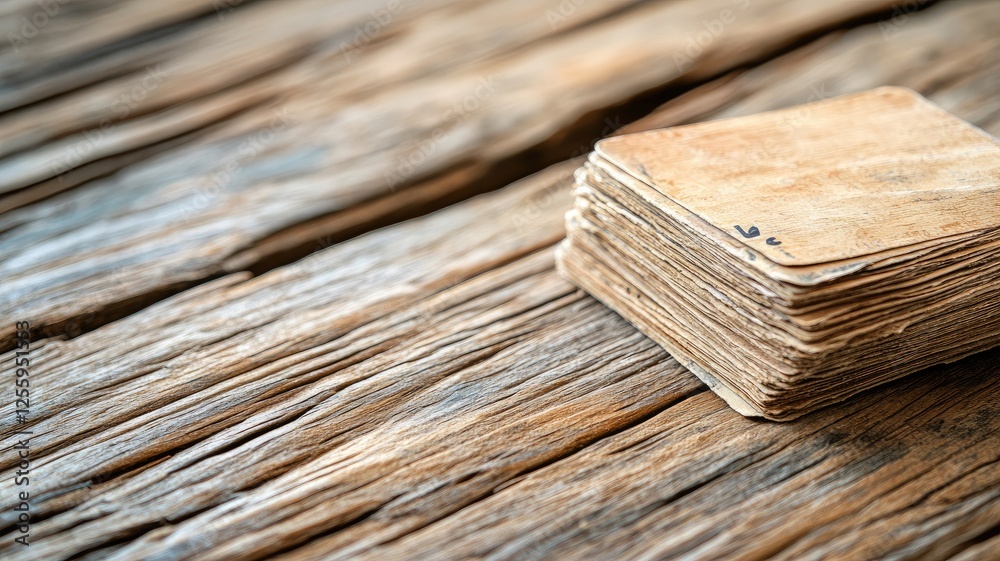 Fototapeta premium Stack of old, weathered papers on wooden surface