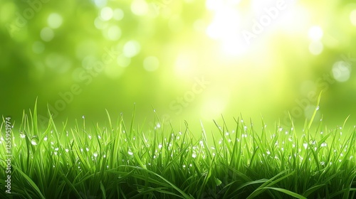 Dewy grass sunrise, spring nature bokeh background