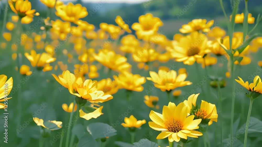 Golden field of blossoming yellow flowers in gentle breeze