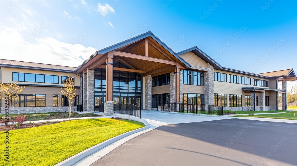 Obraz premium Modern architectural design of a spacious building with large windows and landscaped surroundings