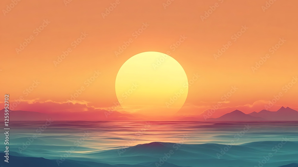 Sunset Over Calm Ocean and Distant Mountains Sunset Over Calm Ocean and Distant Mountains