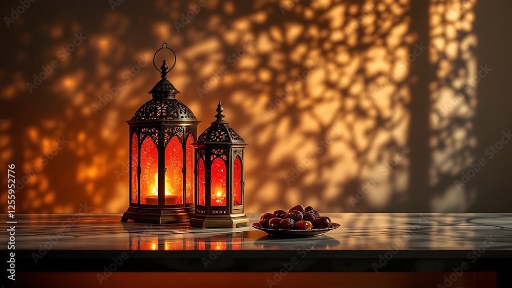 Fototapeta premium Ornamental Arabic lanterns with burning candles glowing at night. Plate with date fruit on the table. Festive greeting card, invitation for Muslim holy month Ramadan Kareem. Iftar dinner background.