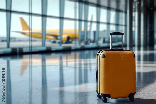 travel and vacation concept, bright modern suitcase on wheels stands in airport lobby against background of parked airplane photo