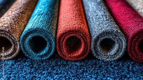 Colorful carpet rolls displayed in store photo