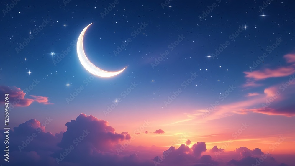 Ramadan background with crescent, stars and glowing clouds with ray from skies. Month of Ramadan is that in which was revealed Quran. Ramadan background with crescent, stars and glowing clouds with ray from skies. Month of Ramadan is that in which was revealed Quran.