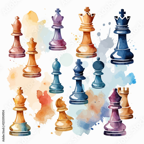 Chess, watercolor chess, chess pieces, chess concept, chess logo, vector illustration.	
