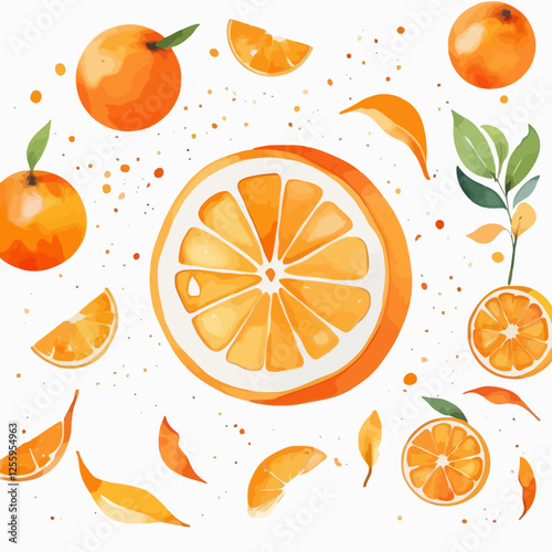 Orange,Hand drawn watercolor Orange set on white background. Fruit vector illustration. Pattern watercolor fruit.	
