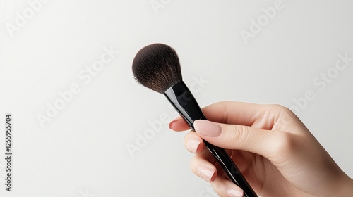 Close up of a hand holding a dark makeup brush with a round, fluffy head. The brush is held against a light gray background with subtle speckles. The hand has light skin and light pink nails.